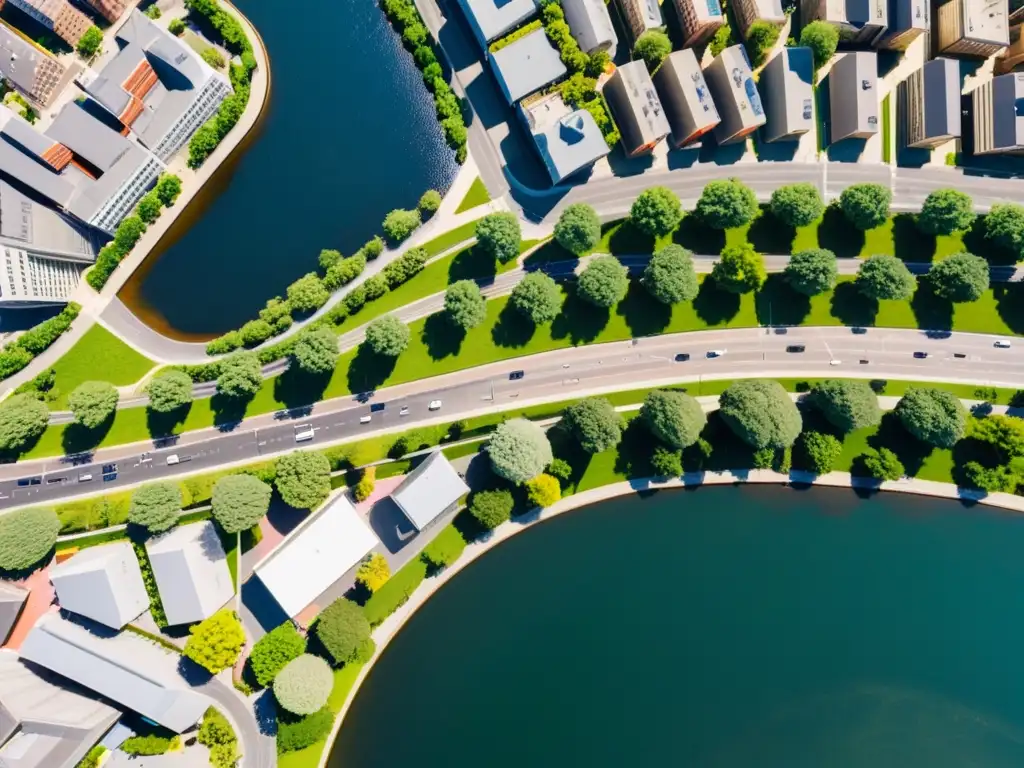 Un paisaje urbano moderno y vibrante con una red de carreteras, edificios y espacios verdes