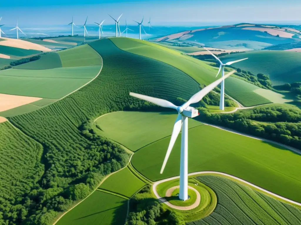 Un paisaje verde con molinos eólicos modernos, reflejando el costo ambiental de las tierras raras