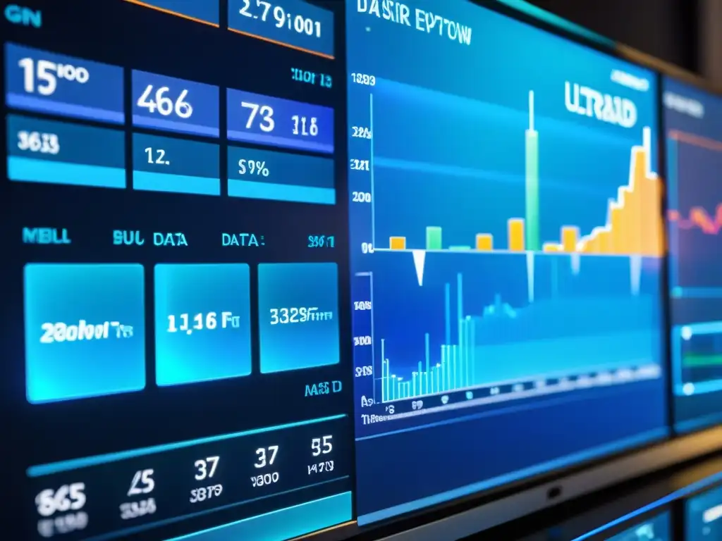 Un panel de análisis de datos futurista y transparente con gráficos y estadísticas en tiempo real, iluminado por una suave luz azul