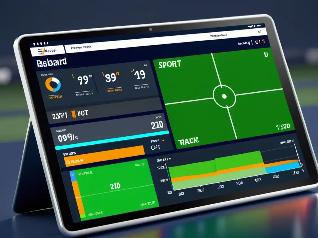 Un panel de análisis de rendimiento IA en deporte muestra métricas complejas y seguimiento de jugadores en tiempo real sobre un campo 3D