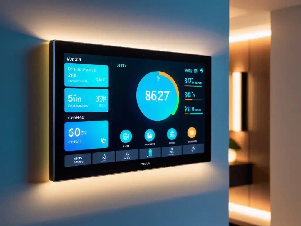 Panel de control domótico futurista con hologramas, datos en tiempo real y ambiente tecnológico avanzado