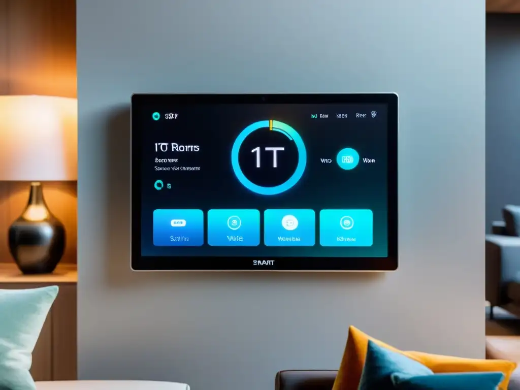 Panel de control domótico futurista con holograma mostrando personalización dispositivos inteligentes IoT en elegante sala de estar
