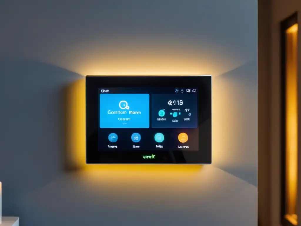 Panel de control domótico en hogar moderno con pantalla táctil de alta resolución e iluminación ambiental, integrando ahorro energía domótica IoT