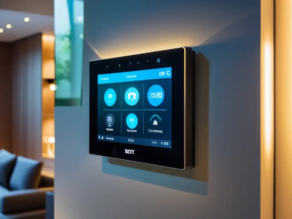 Un panel de control domótico moderno y elegante muestra la interconectividad de dispositivos IoT en un entorno sofisticado