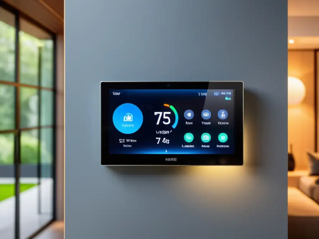 Panel de control domótico moderno en hogar inteligente con tecnología IoT para ahorro energético y confort