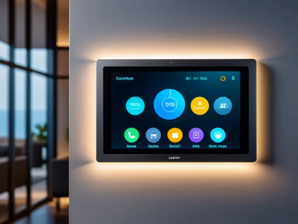 Panel de control domótico moderno con personalización extrema con IoT en casa, rodeado de decoración minimalista y ambiente de alta tecnología