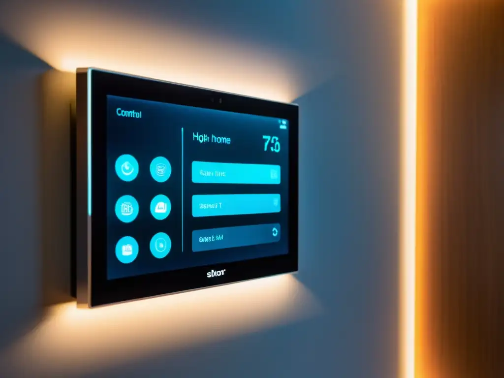 Panel de control domótico moderno con personalización extrema con IoT en casa, en un ambiente futurista y acogedor