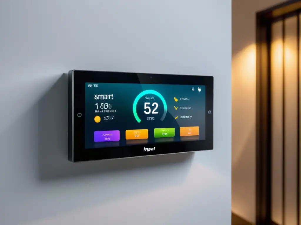 Panel de control para hogar inteligente con tecnologías emergentes para hogar saludable, en una pared blanca con iluminación ambiental