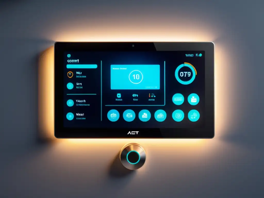 Panel de control de hogar inteligente futurista con dispositivos IoT conectados, mostrando visualizaciones de datos y alertas de seguridad