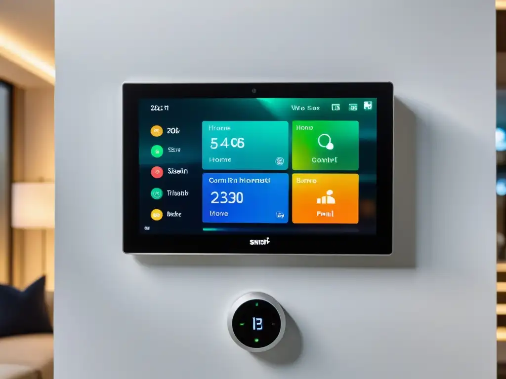 Panel de control de hogar inteligente con domótica y IoT para hogares inteligentes, elegante y moderno, integrado en una sala contemporánea