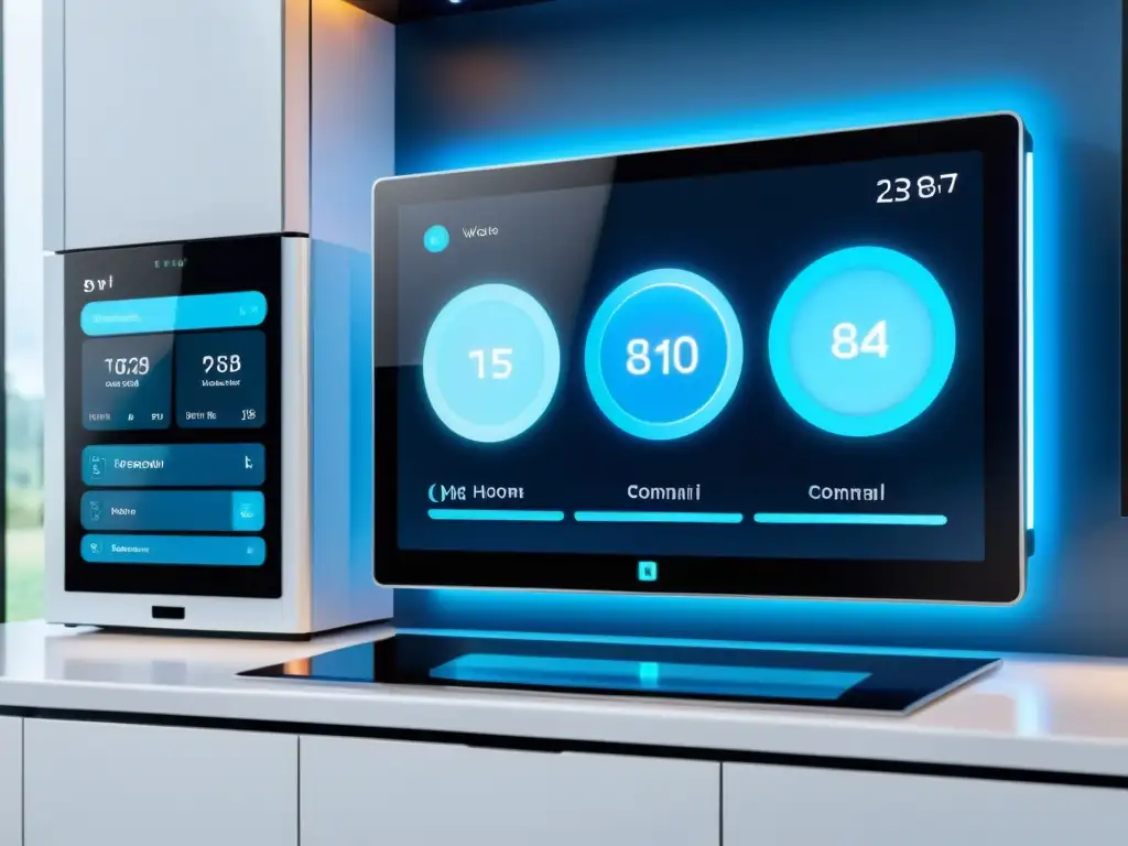Panel de control inteligente para vida diaria con asistencia virtual y tecnología futurista en un hogar moderno