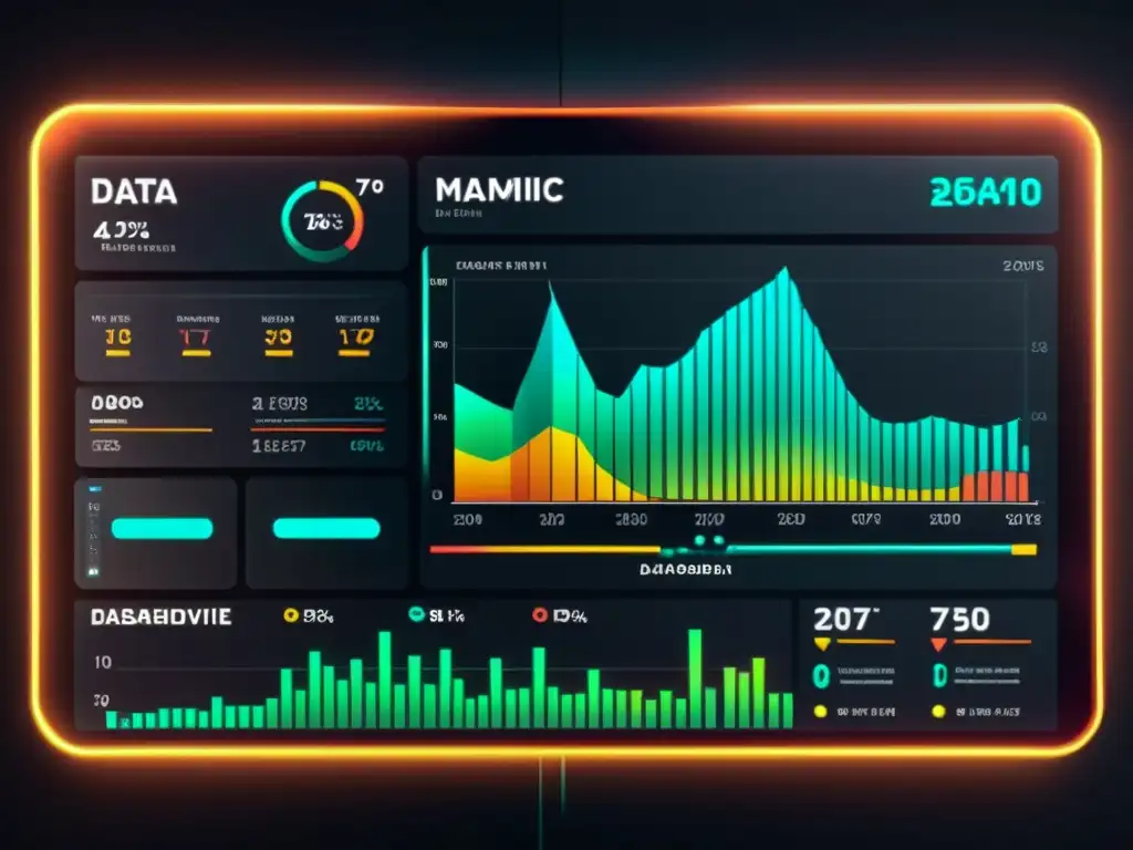 Panel de visualización de datos futurista con gráficos brillantes y análisis predictivo para toma de decisiones con análisis predictivo