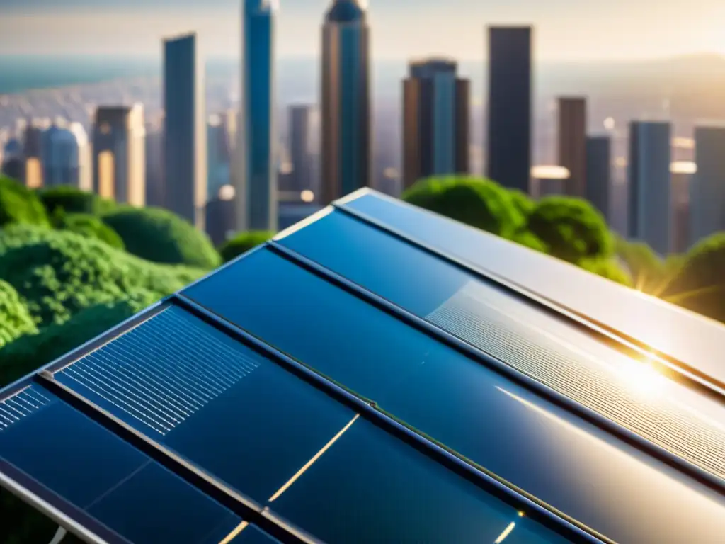 Un panel solar recubierto con nanomateriales en energía renovable, reflejando la luz solar en una ciudad futurista