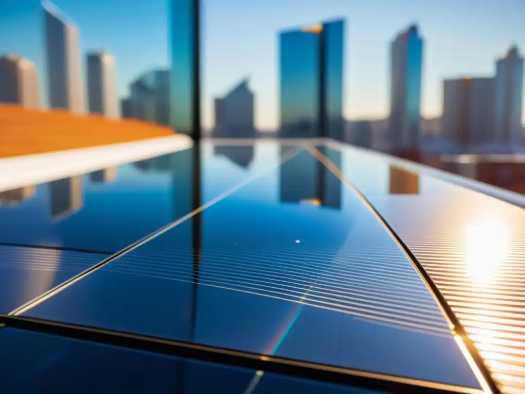 Un panel solar recubierto con nanorecubrimiento transparente, integrado en la arquitectura urbana, reflejando innovación y sostenibilidad