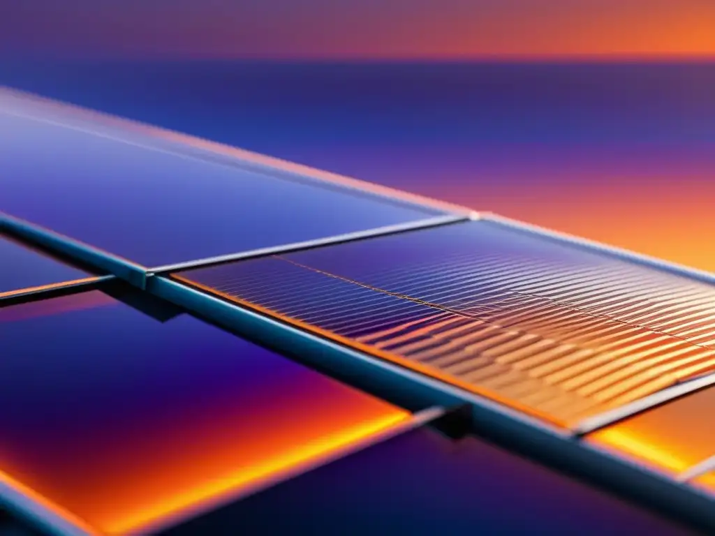 Paneles solares al atardecer, con nanotecnología energías renovables transformación, reflejando tonos naranjas y morados del cielo