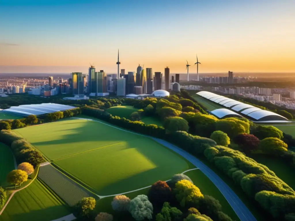 Panorámica de una ciudad sostenible al atardecer, con rascacielos modernos y energías renovables integradas