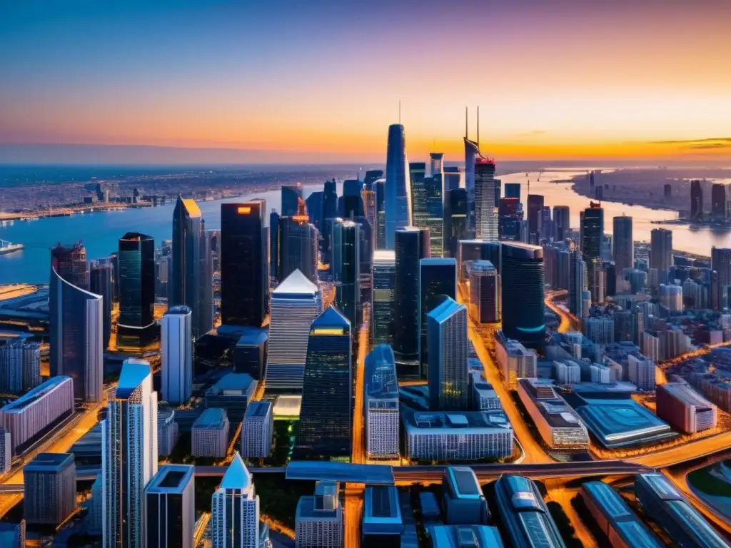 Una panorámica de la vibrante ciudad al atardecer, con modernos rascacielos iluminados por el cálido sol