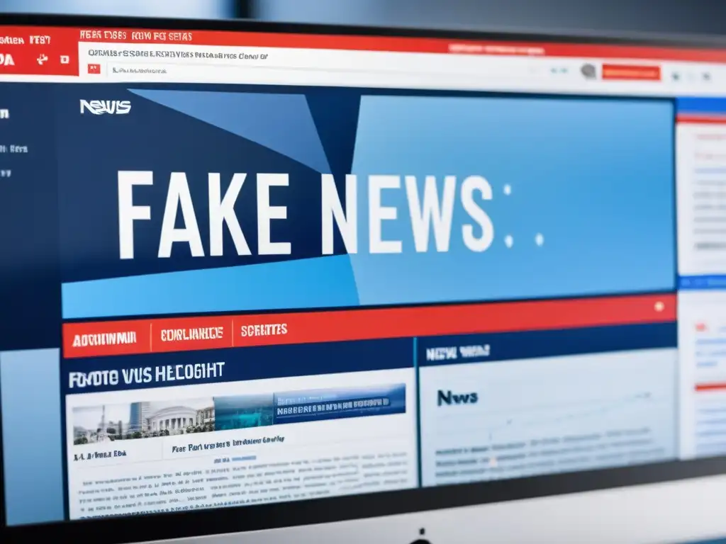 Una pantalla de computadora muestra noticias con 'Fake News' resaltado, mientras una IA analiza la autenticidad