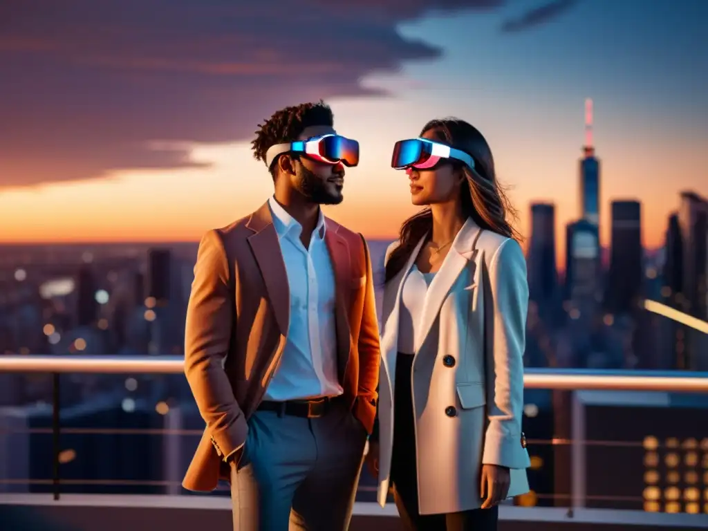 Una pareja en un atardecer en la azotea usando gafas de realidad aumentada con un corazón virtual entre ellos, con la ciudad de fondo