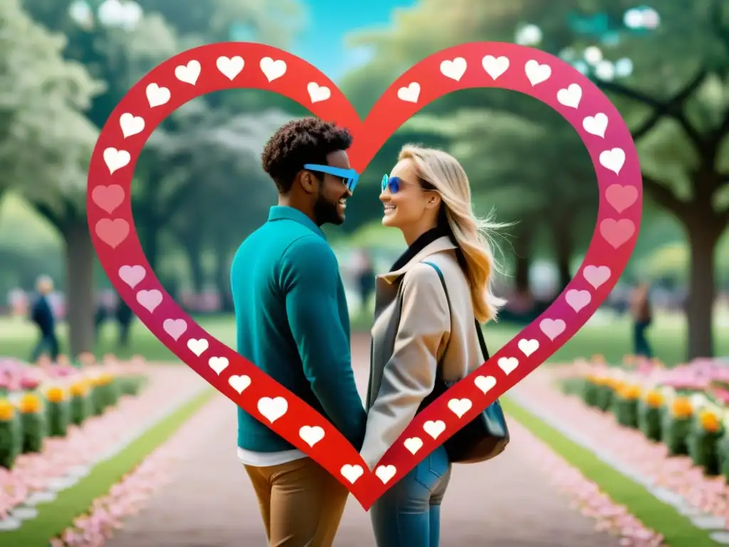 Una pareja disfruta de una experiencia romántica en un parque con elementos de realidad aumentada como corazones y flores