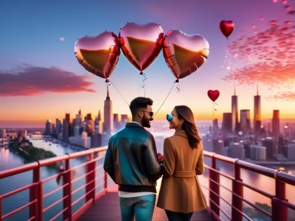 Una pareja disfruta de una experiencia romántica en realidad aumentada en un puente al atardecer, rodeados de globos en forma de corazón y fuegos artificiales virtuales