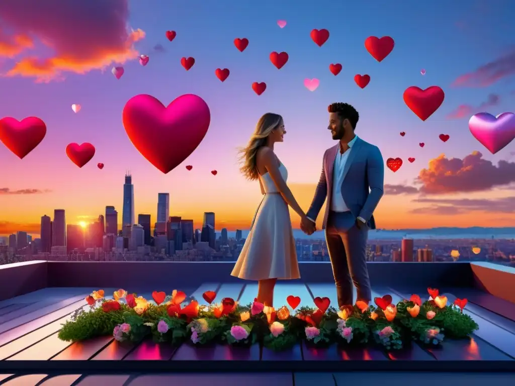 Una pareja disfruta de una experiencia romántica con realidad aumentada en la azotea de la ciudad al atardecer, con elementos flotantes de amor