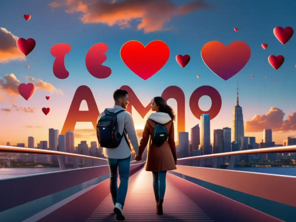 Una pareja en un puente con corazones de realidad aumentada y 'Te amo' en el cielo, creando una experiencia romántica inolvidable