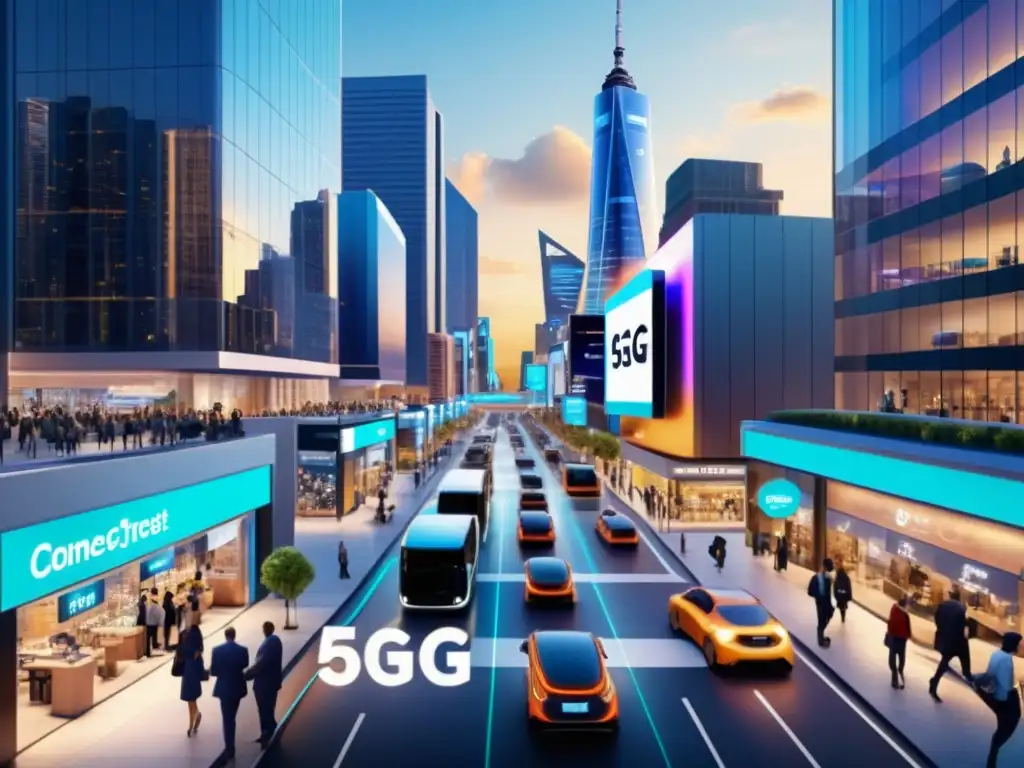 Pequeñas empresas y emprendedores aprovechan el 5G en una bulliciosa calle de la ciudad, mostrando los beneficios del 5G para negocios