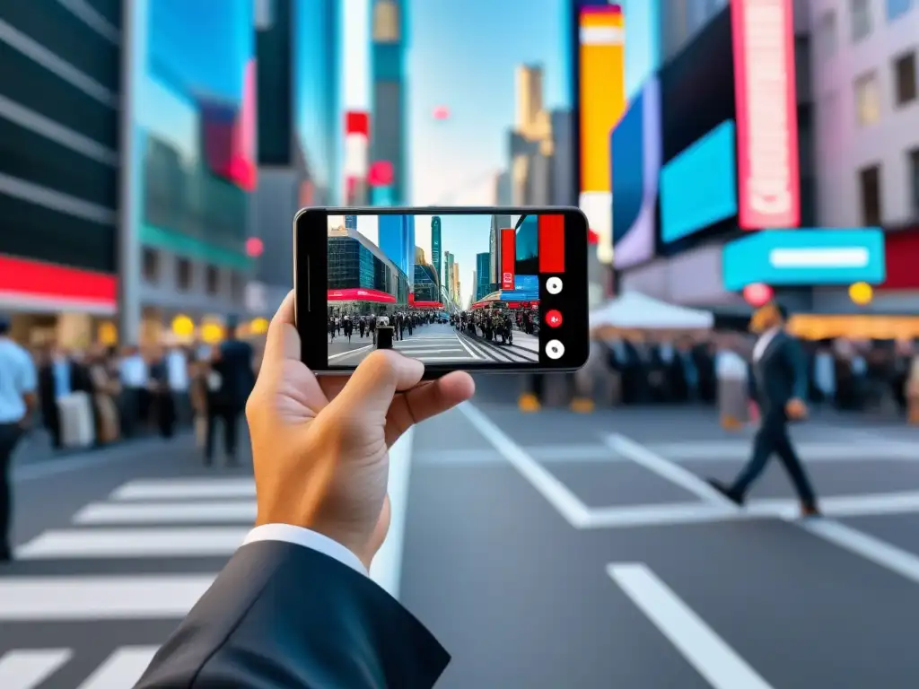 Periodista en la calle de una ciudad, transmitiendo noticias en vivo con un dispositivo 5G de alta tecnología