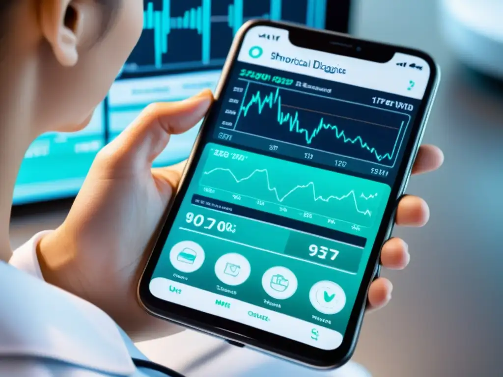 Una persona usa una app de IA para autodiagnóstico responsable en un entorno médico futurista