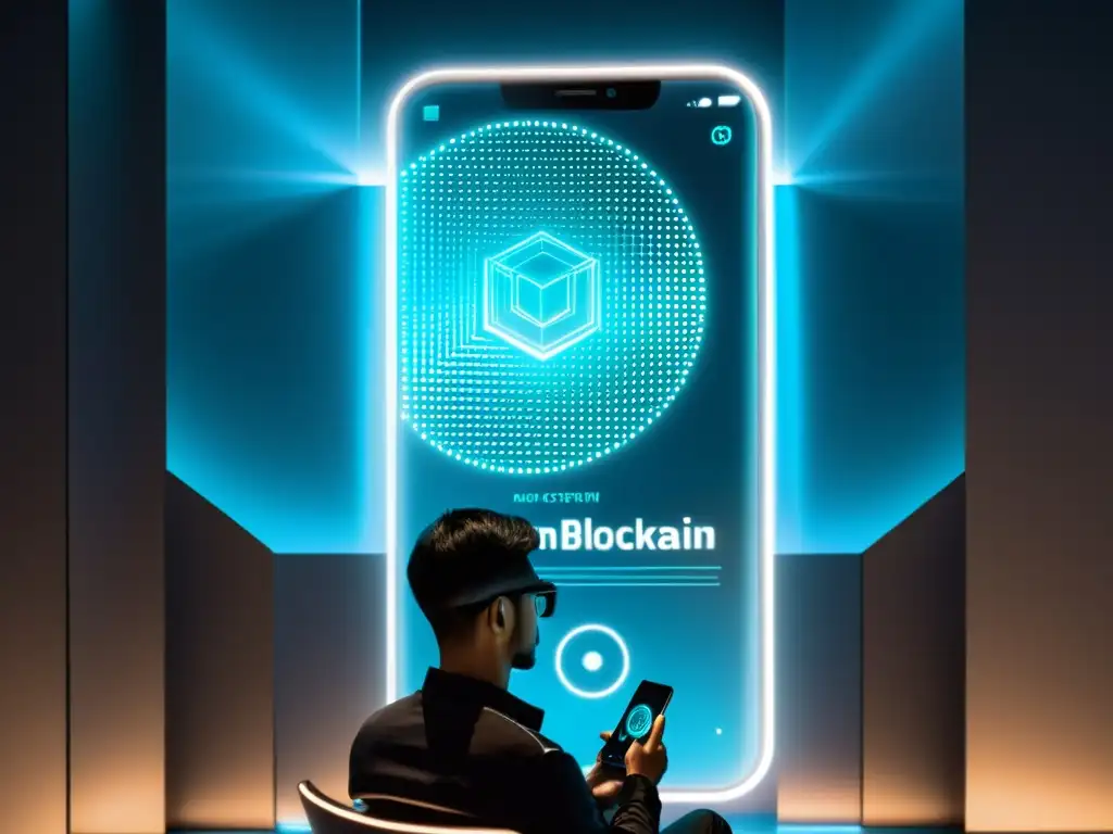 Persona usando app blockchain, rodeada de tecnología futurista