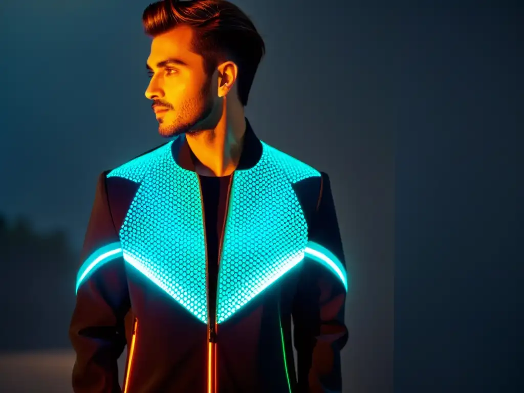 Persona con chaqueta inteligente tecnologías emergentes, mostrando patrones luminosos y modernos