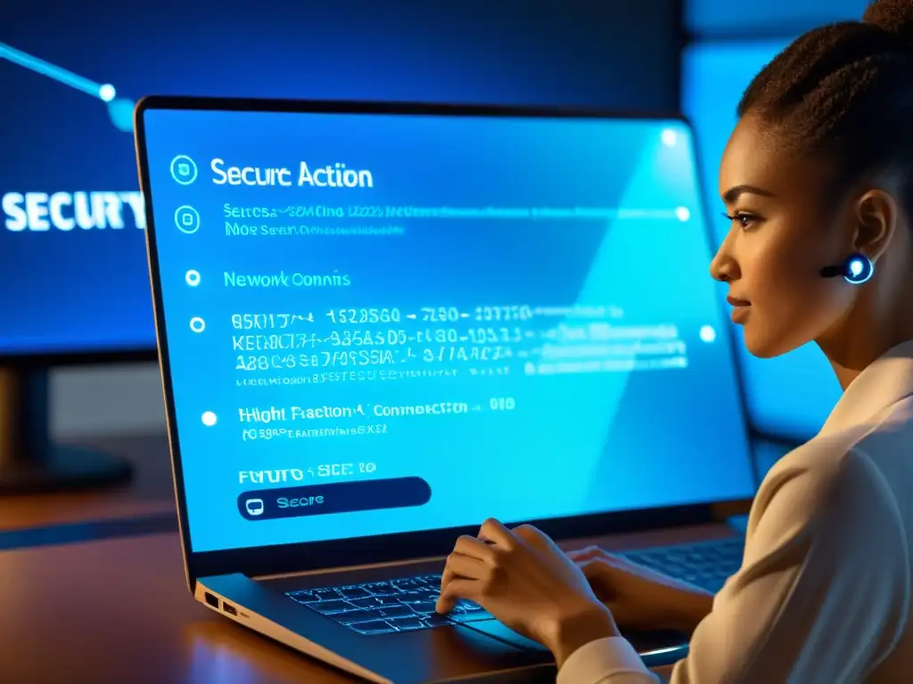 Persona concentrada en laptop futurista con seguridad digital