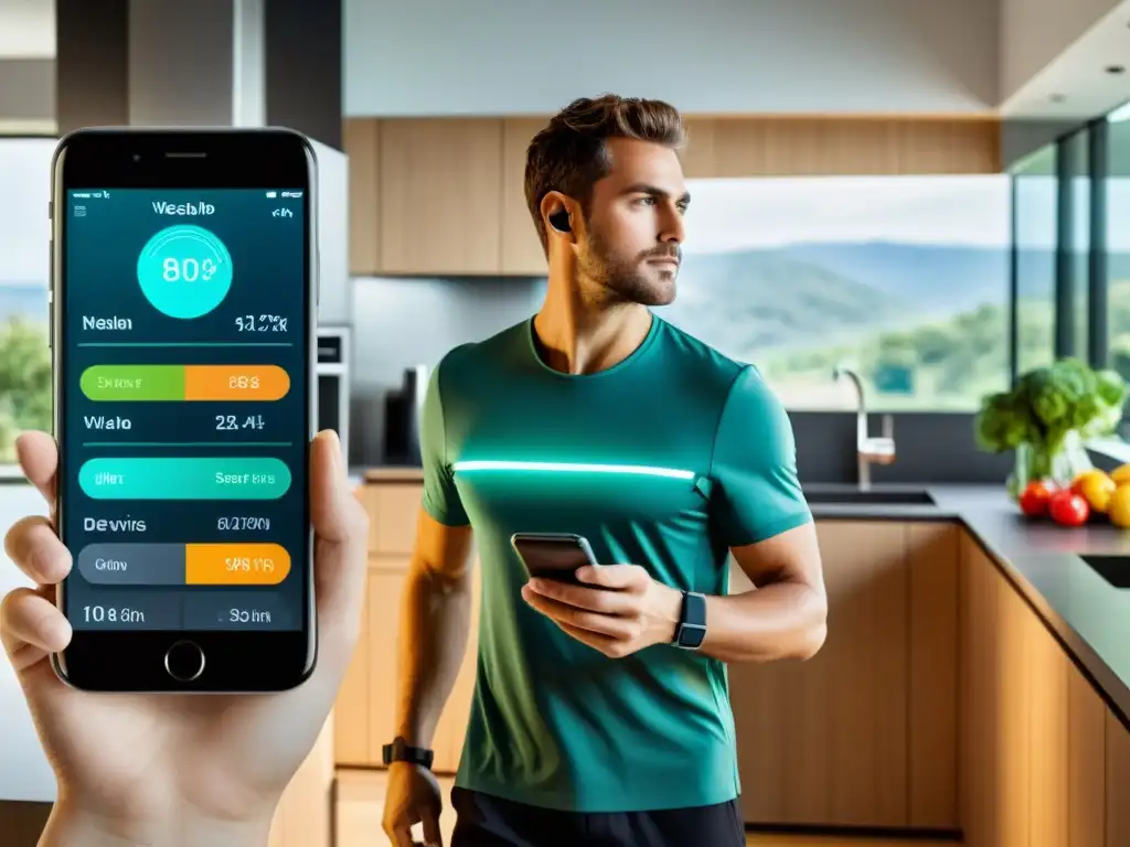 Persona usando dispositivo IoT en el monitoreo de dieta en cocina inteligente