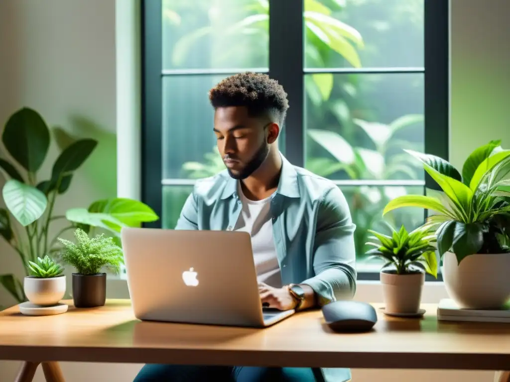 Persona en escritorio moderno con laptop, rodeada de plantas