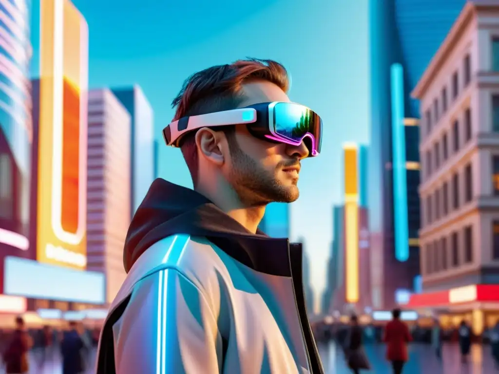 Persona con gafas de realidad aumentada en una ciudad futurista