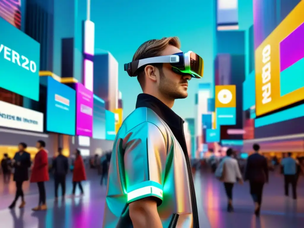 Persona con gafas de realidad aumentada en ciudad futurista