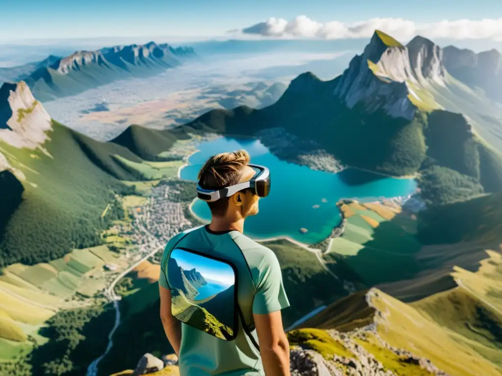 Persona con gafas de realidad aumentada en la cima de una montaña, explorando el mundo con información virtual integrada