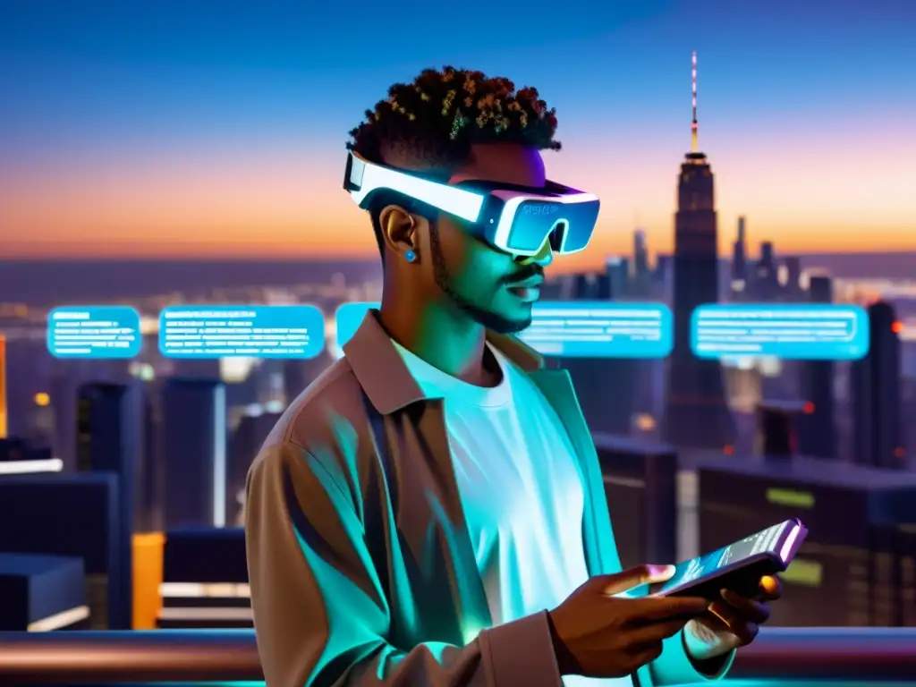 Persona usando gafas de realidad aumentada en ciudad futurista al atardecer, ilustrando tecnologías emergentes en la industria editorial