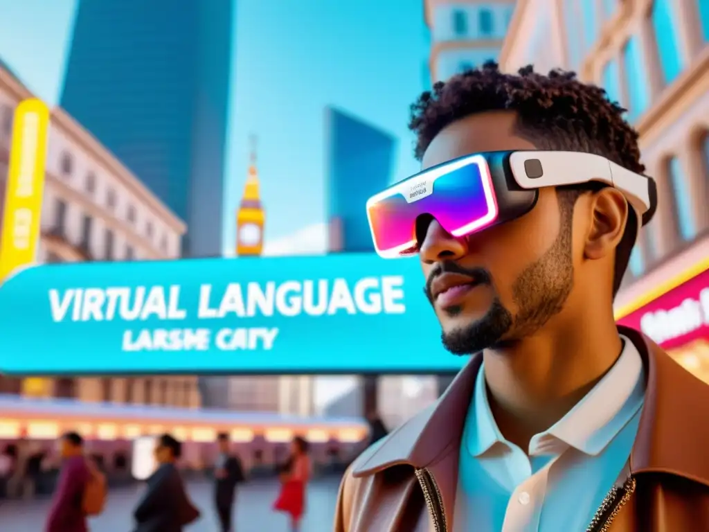 Una persona usando gafas de realidad aumentada con traducción instantánea, en una ciudad multicultural futurista