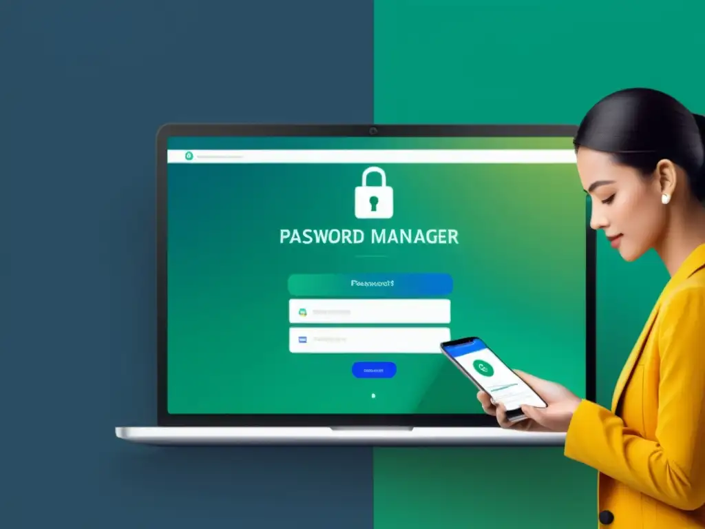Persona utilizando un gestor de contraseñas para ciberhigiene seguridad personal en línea, con interfaz moderna y segura