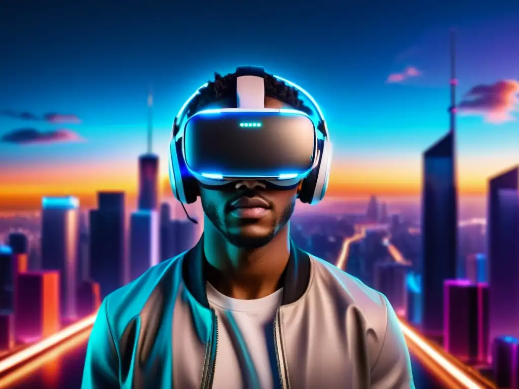 Persona con impacto emocional por diseño VR, con auriculares iluminados en futurista ciudad de neón