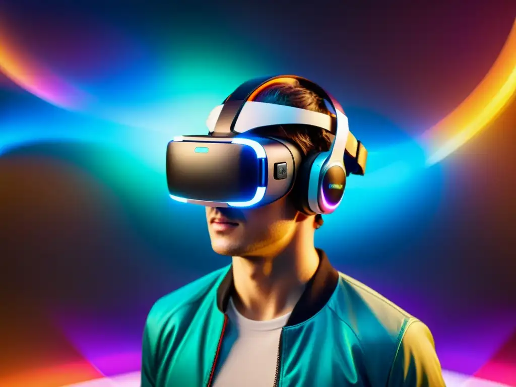 Realidad virtual 5G: inmersión asombrosa Una persona impresionada con un casco de VR en un entorno futurista de realidad virtual 5G