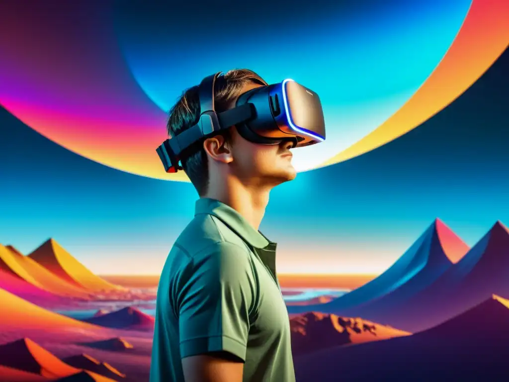 Una persona inmersa en un paisaje futurista y surrealista a través de un visor de realidad virtual, con impacto emocional del diseño en VR