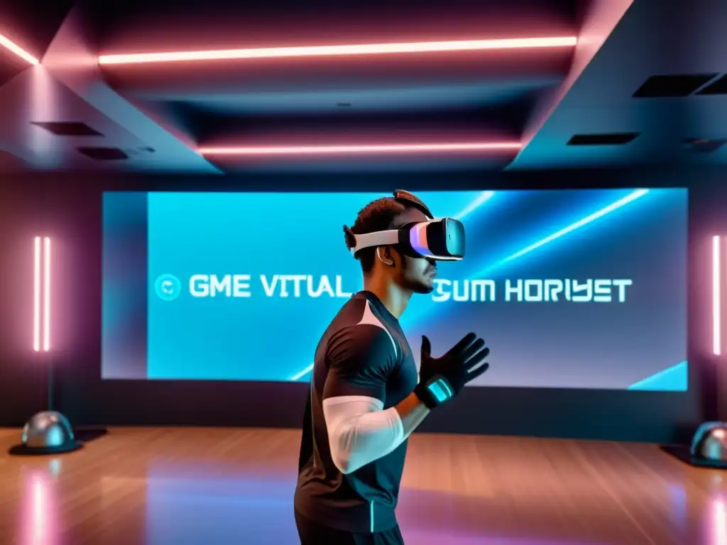 Persona inmersa en realidad virtual en gimnasio futurista con hologramas y entrenadores virtuales, creando un impacto de la realidad virtual en gimnasios