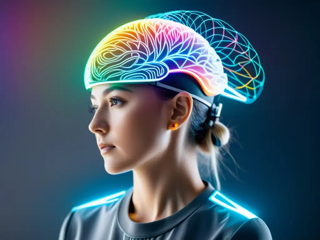 Persona con interfaz cerebro-máquina futurista, visualizando actividad cerebral en patrones y datos coloridos