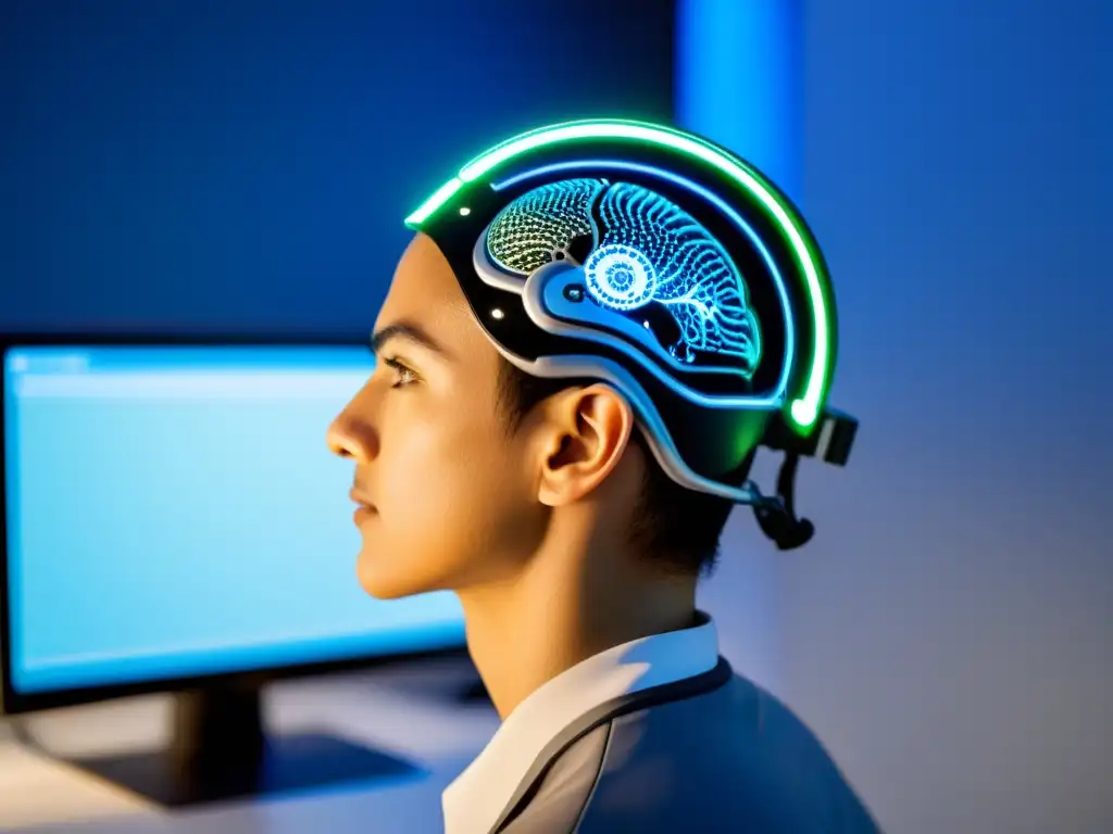 Persona interactuando con una interfaz cerebromáquina en laboratorio futurista, en ambiente innovador y calmado