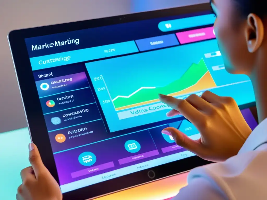 Interacción personalizada: Marketing digital futurista Una persona interactuando con una interfaz de marketing digital personalizado en un dispositivo futurista, con recomendaciones de productos vibrantes y dinámicas