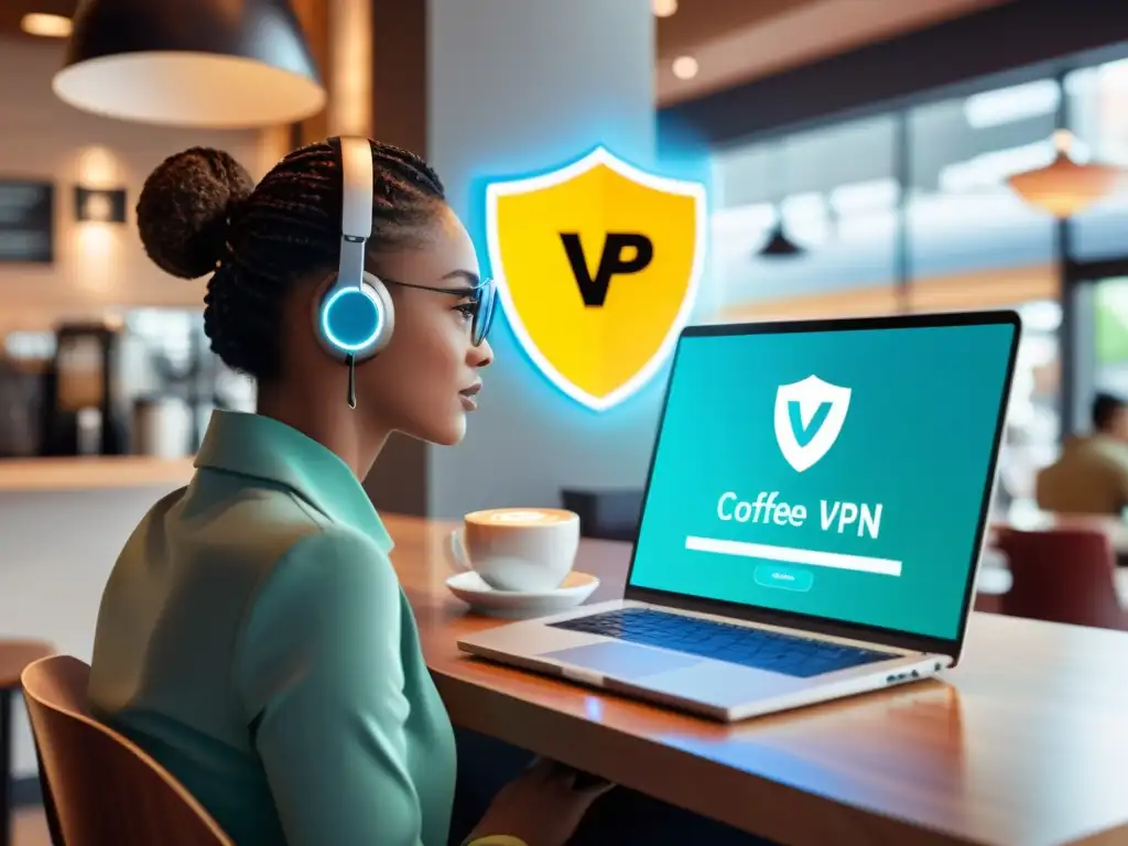 Persona usando laptop en café con escudo VPN, protegiendo identidad en línea con VPNs