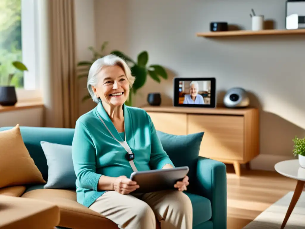 Persona mayor sonriente usa tecnología para videochat en sala moderna y luminosa, con gadgets diseñados para la tercera edad